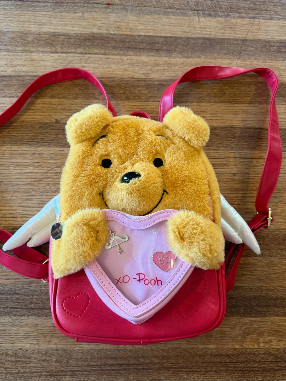 Disney Yellow Pooh Plush Backpack with Red Straps and Pink Heart Pocket